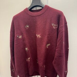 Embroidered Animal Motif Maroon Crewneck Sweater